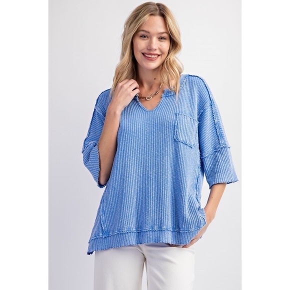 Short Sleeve Mineral Washed Thermal Knit Top -  Peri Blue - Picture 1 of 3